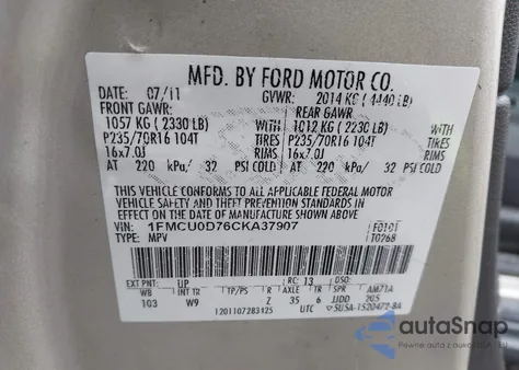 2012 Ford Escape Xlt from USA, damaged, VIN 1FMCU0D76CKA37907